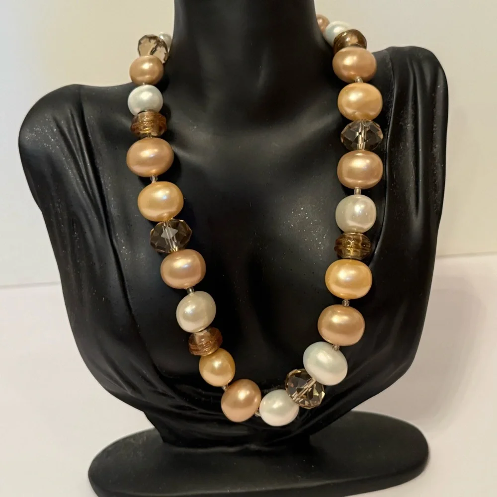 VINTAGE NECKLACE TRICOLOR FAUX GLASS PEARLS BEADS FAUX SMOKY QUARTZ CRYSTAL